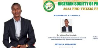 Iwo-born Mathematician, Dr Sulaimon Femi Abimbade, Wins 2023 NSPS Ph.D. Thesis Prize