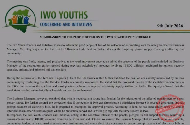 Iwo Electricity: New IBEDC Business Manager Pledges to Push for 33kV Upgrade Request by Iwoland Youths if Residents Support with Prompt Bill Payments